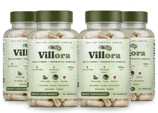 Four bottles of Villora Daily Gut Support Complex